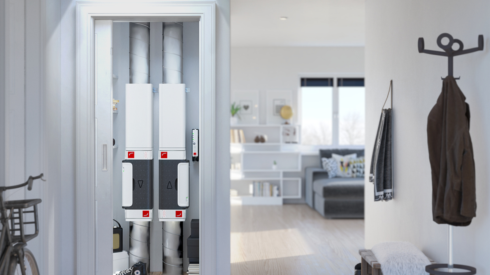 Rendering Zehnder ComfoVar Aero Comfortable indoor ventilation Front view