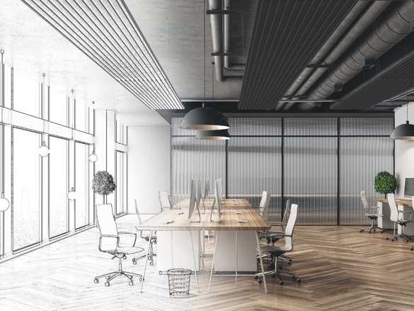 Modern hand drawn meeting room office interior with city view and daylight. Architecture and engineering concept. 3D Rendering