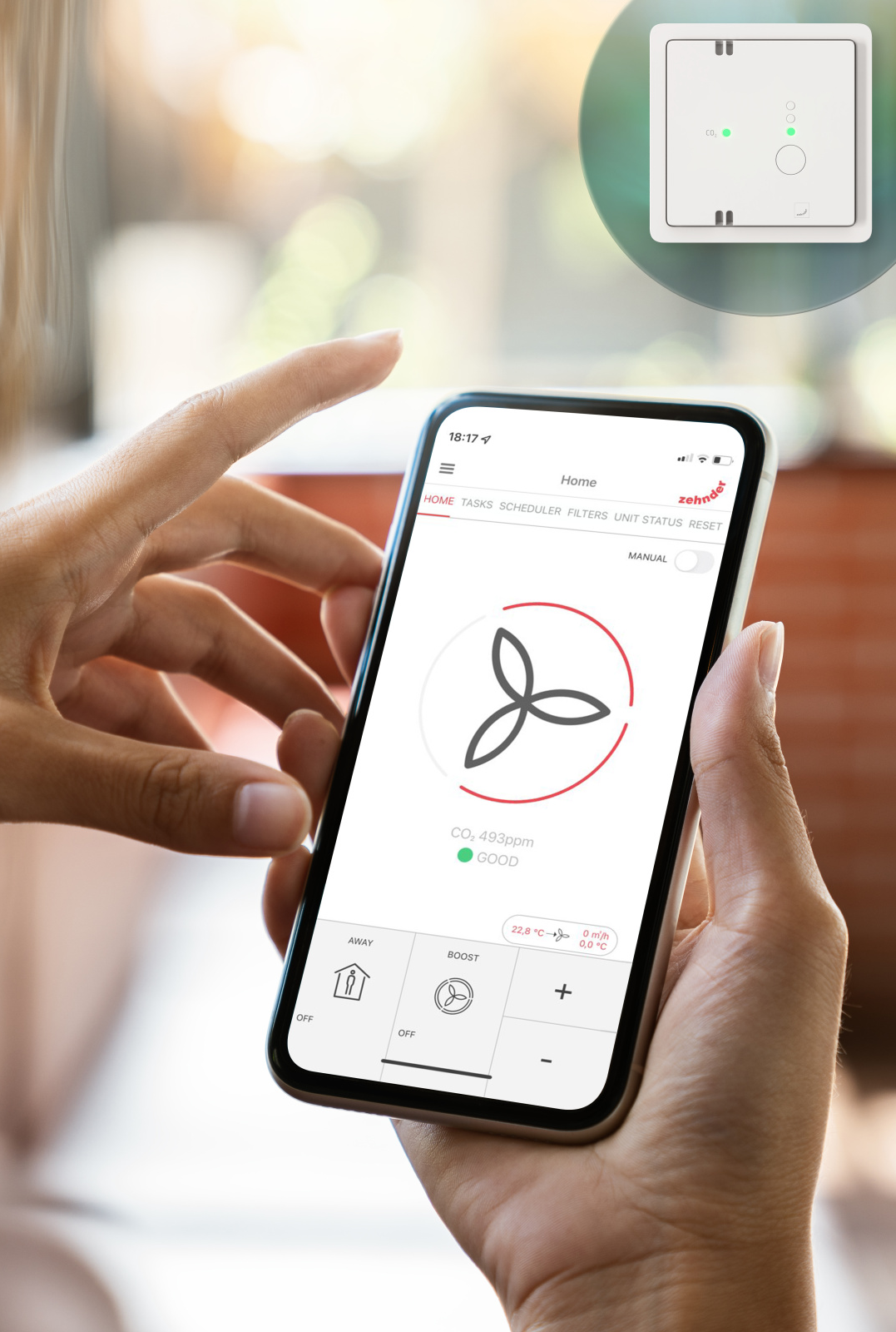 Zehnder_CSY_CO2Sensor_APP mock up phone, C02 sensor, app