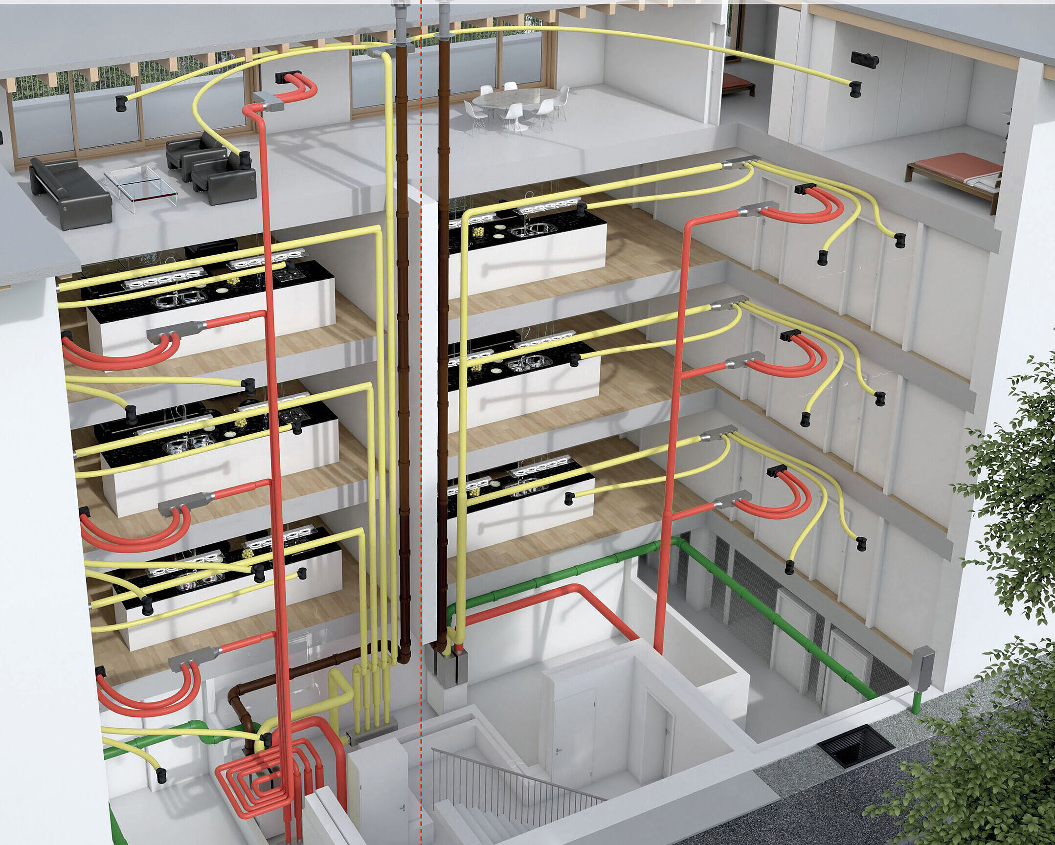 Schema della casa con ventilazione di base per ambienti incorporata