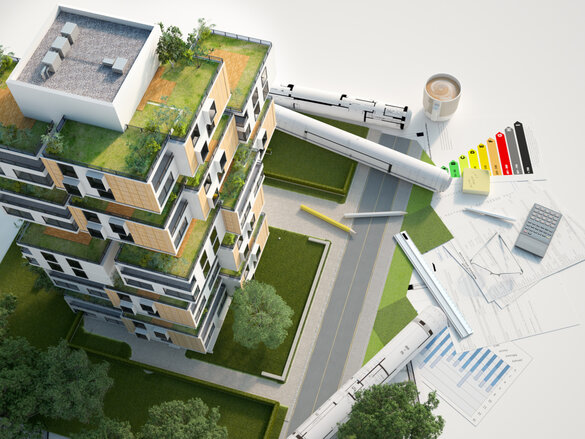 3D rendering of a Sustainable building architecture model with blueprints, energy efficiency chart and other documents, Energy effizientes bauen/planen / MFH, Mehrfamilienhaus, Renovieren