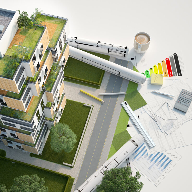 3D rendering of a Sustainable building architecture model with blueprints, energy efficiency chart and other documents, Energy effizientes bauen/planen / MFH, Mehrfamilienhaus, Renovieren