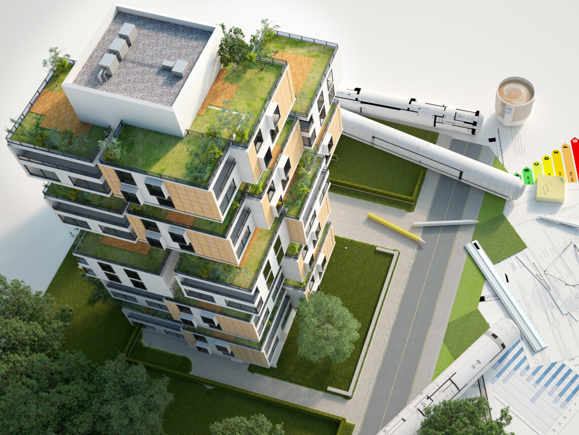 3D rendering of a Sustainable building architecture model with blueprints, energy efficiency chart and other documents, Energy effizientes bauen/planen / MFH, Mehrfamilienhaus, Renovieren
