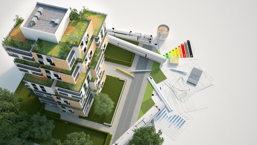 3D rendering of a Sustainable building architecture model with blueprints, energy efficiency chart and other documents, Energy effizientes bauen/planen / MFH, Mehrfamilienhaus, Renovieren