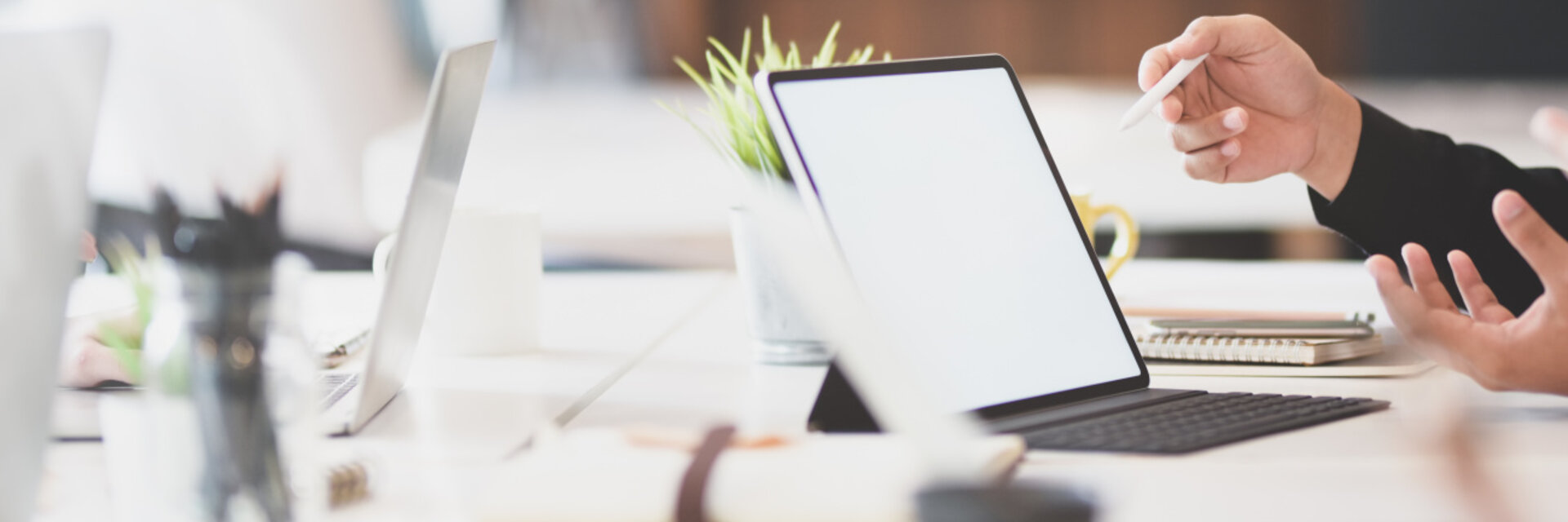 Business team, idea briefing, modern office, with laptop computer