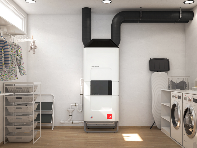 Apparecchio di ventilazione Zehnder con modulo di trattamento aria ComfoClime installato con apparecchio di ventilazione nel locale lavanderia