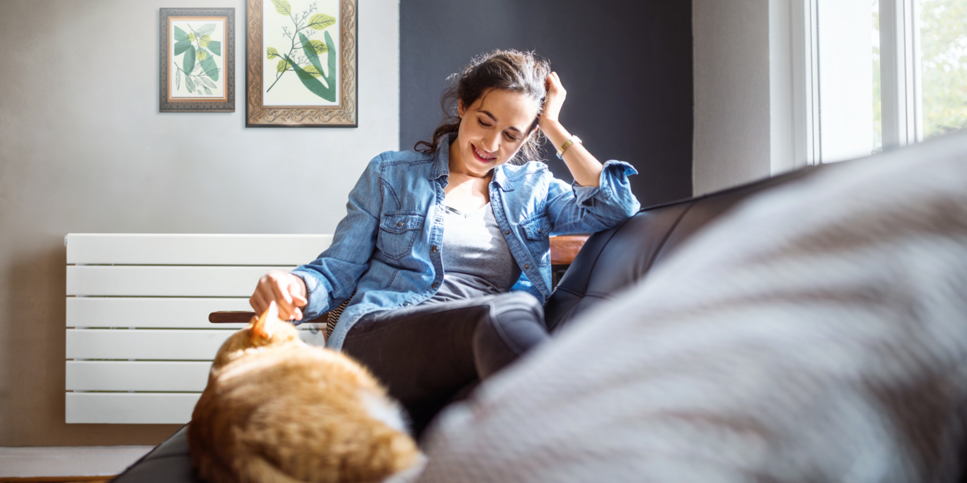 Beautiful young woman relaxing on sofa with her cat in living room.