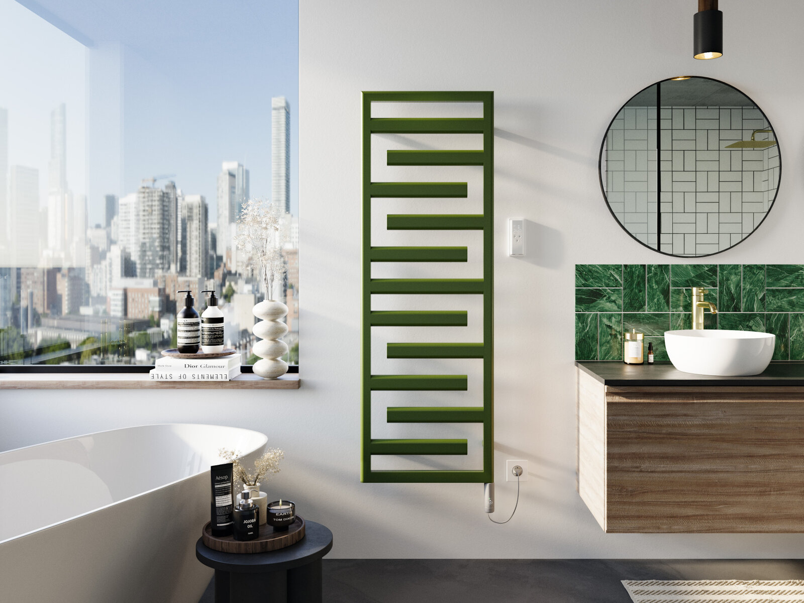 Zehnder_RAD_Tetris-EL_IHC_150-50_Olivegreen_bathroom_City_print+web Cut-Out Zehnder Tetris Decorative radiator