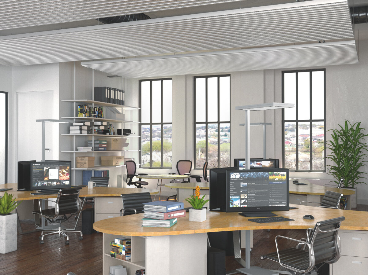 Rendering Zehnder ZFP Urban Heating and cooling ceiling system Angled view