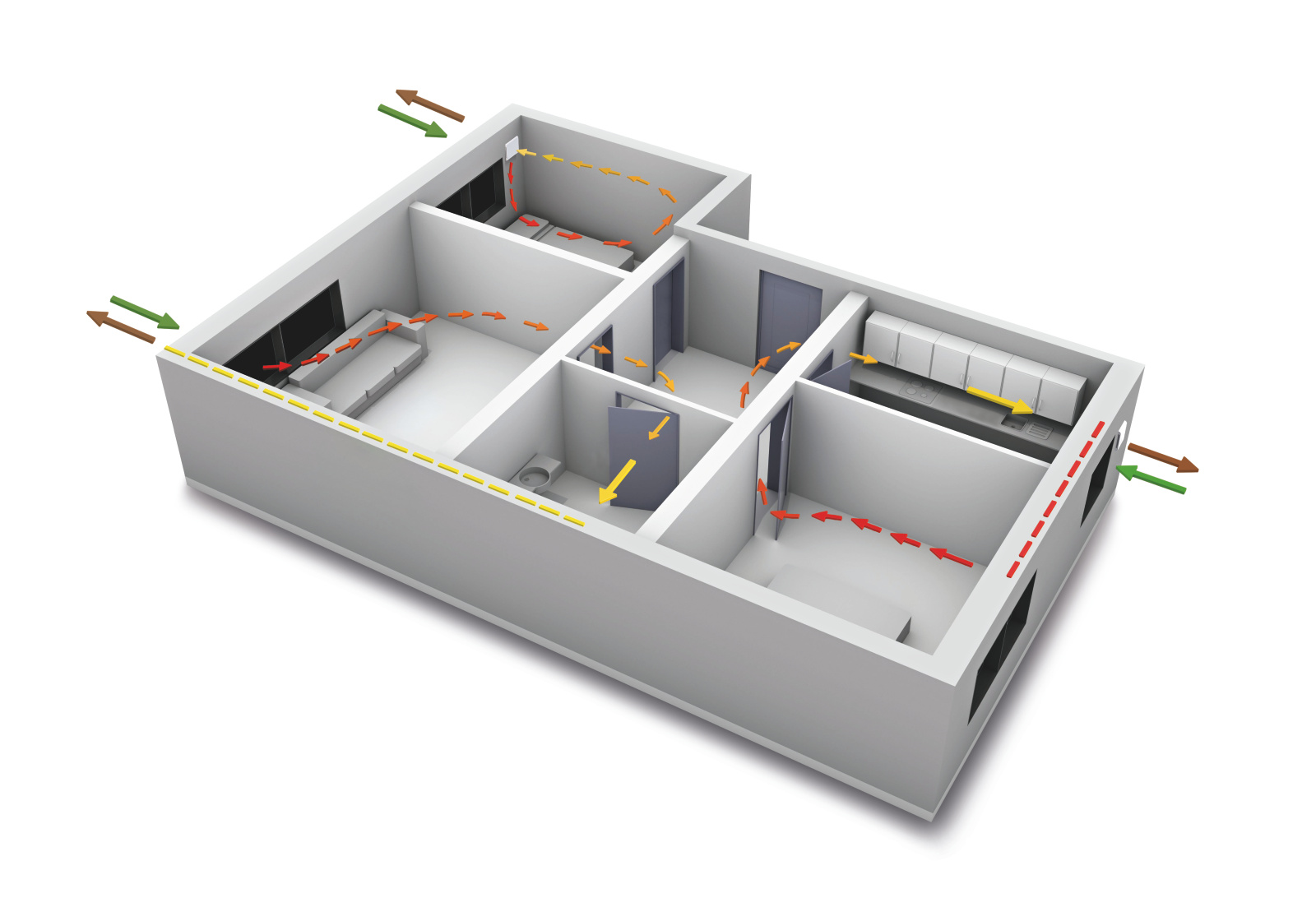 Sezione di bungalow con soluzioni di ventilazione