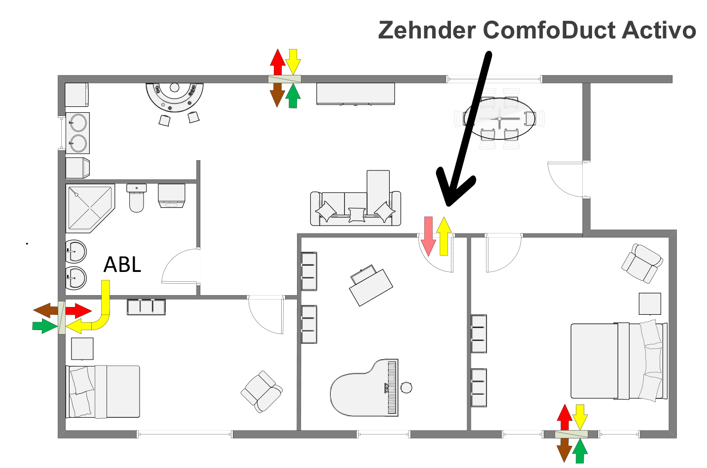 Utilisation Passage de cloison actif ComfoDuct Activo ventilation pour pièce individuelle plan