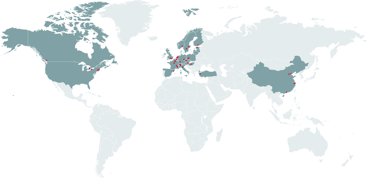 Mappa mondiale di Zehnder Group International Infografica della mappa mondiale dello Zehnder Group che mostra tutte le società di vendita locali e gli uffici di rappresentanza in oltre settanta paesi